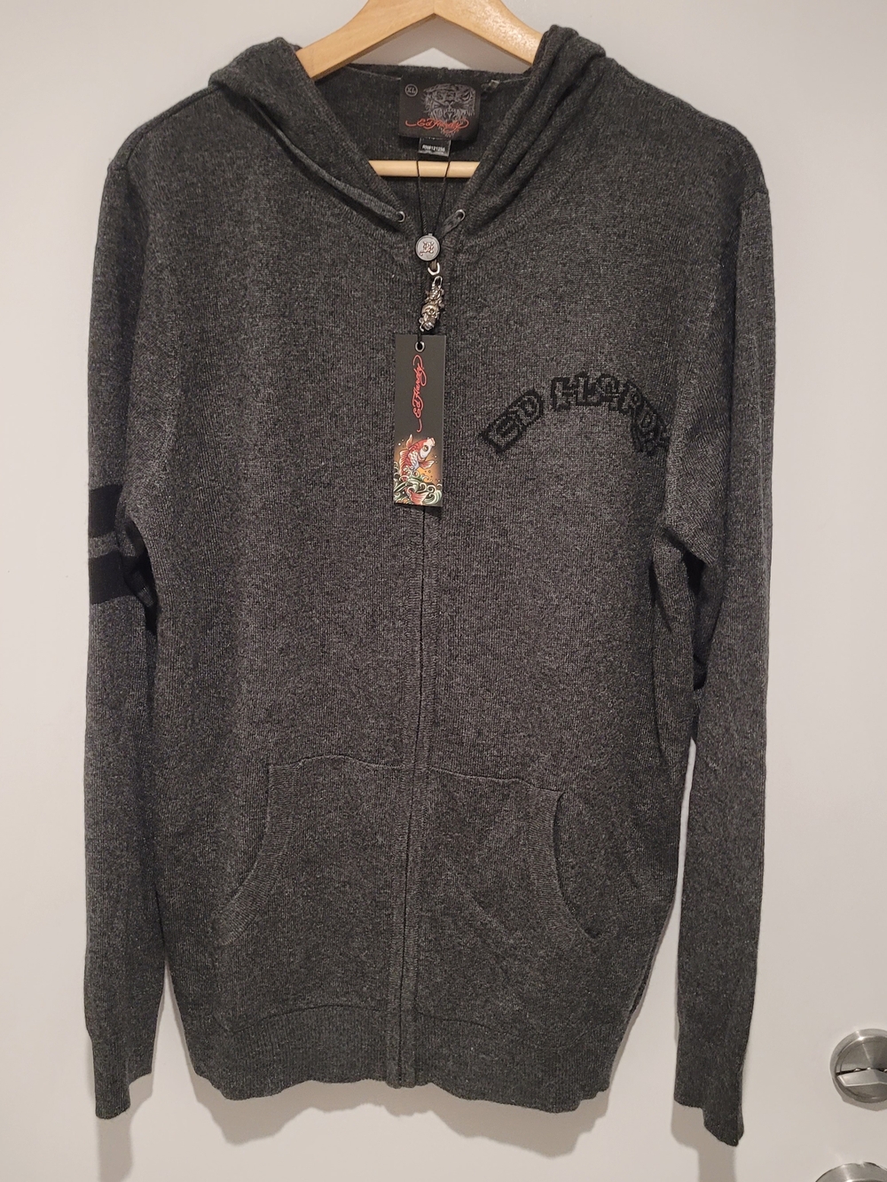 Ed Hardy Men's Charcoal Gray Zip-Up Hoodie Sweater